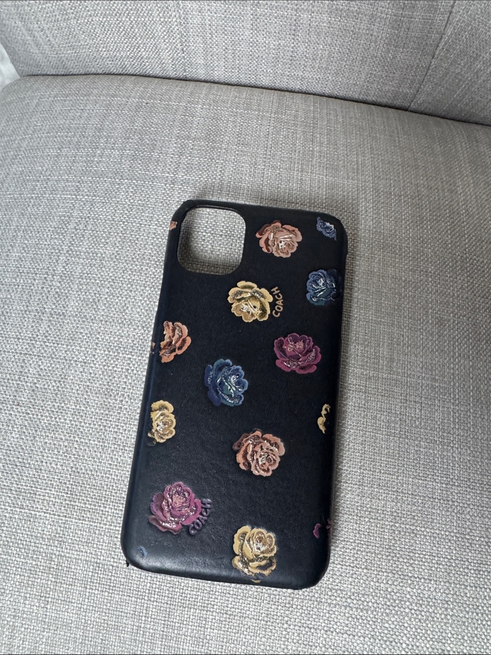 Coach Black Leather Phone Case with Multicolor Floral Embroidery